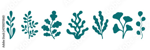 Teal Silhouette Art Botanical Illustrations of Various Leaves and Branch Designs