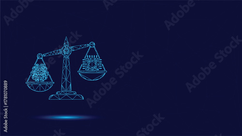 Ai Versus Human Intelligence Scale Illustration: Abstract Concept Balancing Human Brain Power Against Artificial Neural Network Capabilities with Geometric Lines