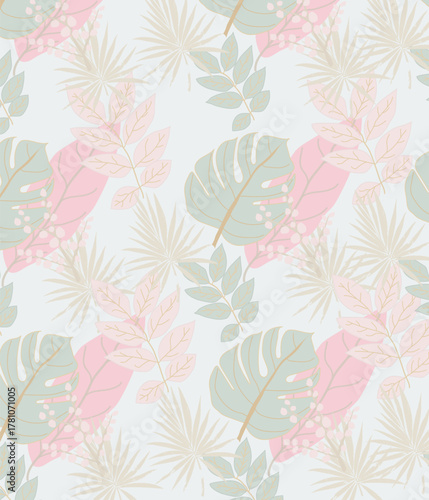 Hand drawing abstract art tropical leaves with light color 