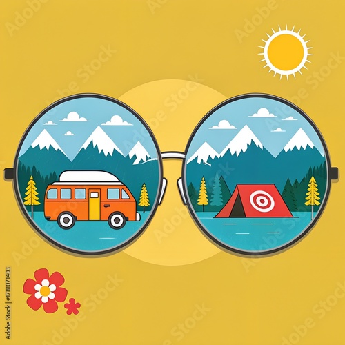 Wallpaper Mural Colorful sunglasses reflect a vibrant camping scene with mountains and sun Torontodigital.ca