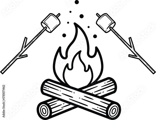 Hand drawn illustration of a campfire with two marshmallows roasting on sticks, representing outdoor activity and camping.