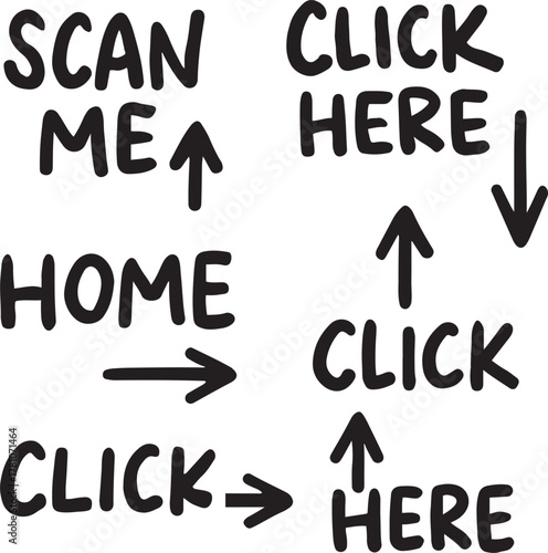 illustration click me, scan me, here, home and Text Phrases scribbles isolated on white or transparent png. Hand Drawn Call to Action Icon Set