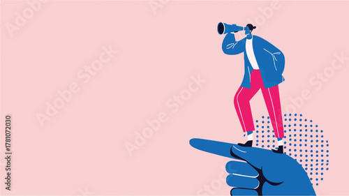 Abstract character standing on pointing hand looking through telescope symbolizing vision, leadership, and future opportunities
