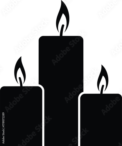 Minimalist vector icon of three burning candles with flickering flames on a clean white background.