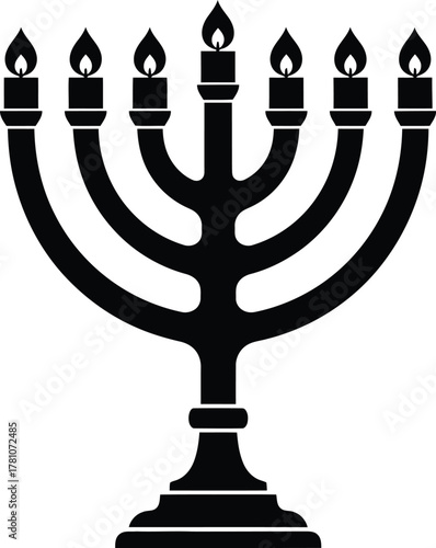 Seven branch candelabrum, jewish menorah symbol with lit candles, religious icon vector illustration