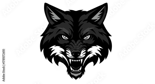 Wolf snarling face black and white illustration