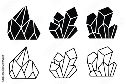 Crystals icons vector set. Collection of crystal silhouettes icon symbol. Abstract geometric shapes. Gemstone icons in a linear minimal style and silhouette. Vector illustration. 