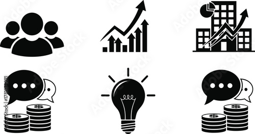 Business icons, teamwork concept, financial growth, innovation idea, corporate success, economic communication, vector line art, minimal design, cad drawing flat vector illustration