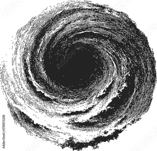 Black hole sketch, hand drawn swirling vortex with textured accretion disk — stock vector