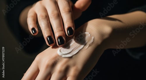 Close Up of Woman Applying Cream on Hand with Black Nail Polish in Dark Background
