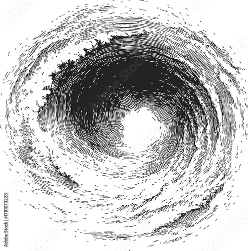 Vortex sketch hand drawn swirling black and white abstract spiral illusion — stock vector