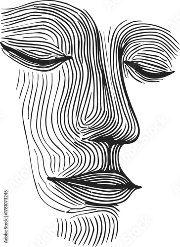 Abstract woman's face sketch hand drawn with flowing black lines, minimalist closed eyes — stock vector