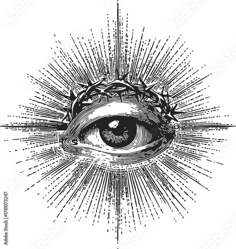 All-seeing eye sketch, hand drawn style, crowned with thorns and radiant light — stock vector