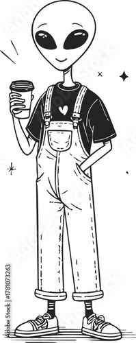 Alien character sketch hand drawn holding coffee cup in casual overalls — stock vector