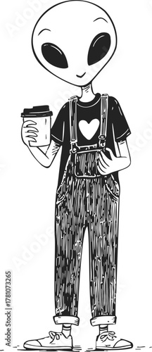 Alien character sketch, hand drawn style, holding coffee cup, wearing heart t-shirt and overalls — stock vector