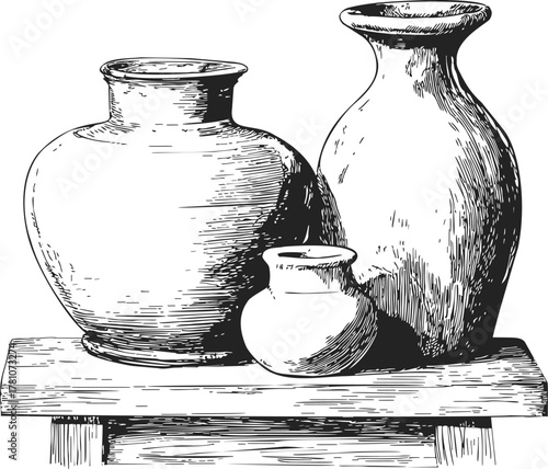 Pottery vases sketch, hand drawn still life with three ceramic vessels on wooden table — stock vector