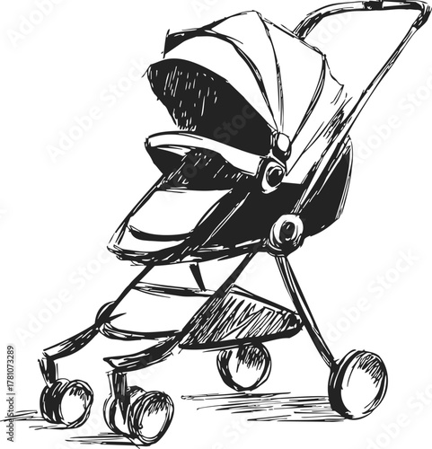 Baby stroller sketch, hand drawn style, modern pram with canopy and wheels — stock vector