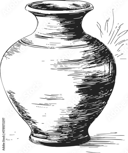 Pottery vase sketch, hand drawn line art with textured shading — stock vector