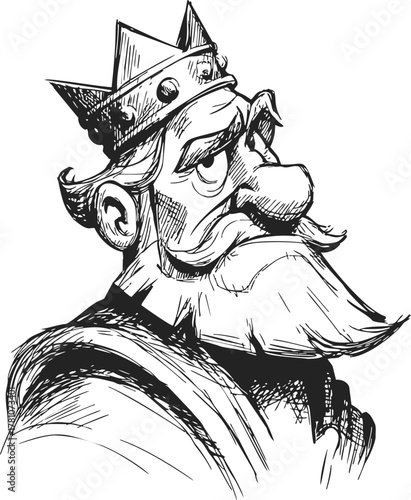 King sketch hand drawn portrait with crown and mustache, side view — stock vector
