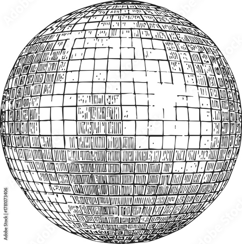 Disco ball sketch, hand drawn mirror sphere with reflective tiles — stock vector