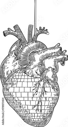 Anatomical heart, hand drawn sketch with detailed veins and arteries labeled — stock vector