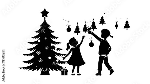 Two children hanging ornaments on a tall Christmas tree, joyful festive moment, winter home silhouette illustration