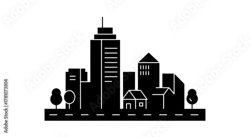 Cityscape Silhouette with Buildings and Trees