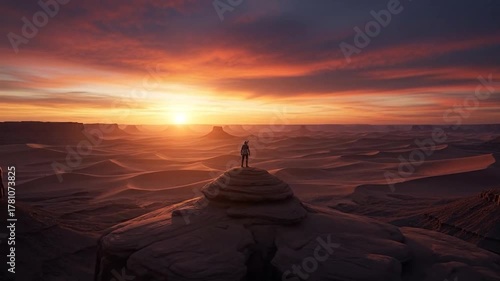 Person standing on rock overlooking expansive desert landscape at sunset or sunrise