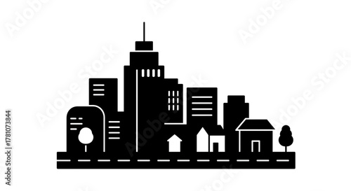 Cityscape Silhouette with Buildings, Houses, and Tree