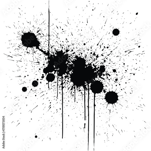 Abstract black ink splatter and drips on white background