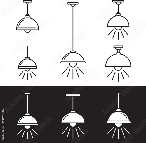 Pendant Lamp Icon Set Interior Lighting Fixtures Black and White Design
