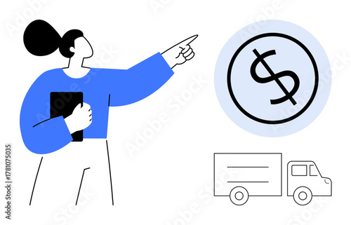 Woman holding a tablet and pointing toward a large dollar sign with a delivery truck nearby. Ideal for logistics, e-commerce, savings, financial planning, shipping, business, retail. Simple flat