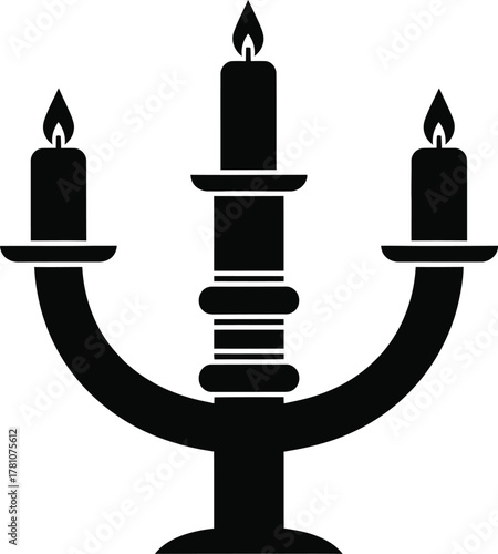 Elegant three-flame candelabra silhouette icon with burning candles on a decorative holder
