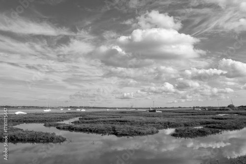 black and white image of salt marshes on the River Crouch at Brandy Hole, Hullbridge, Essex, England, United Kingdom