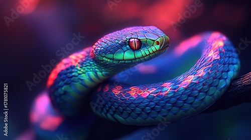 Close - up of a Colorful Snake Coiled on a Branch with Vivid Scales and Intense Red Eyes