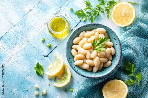 Vibrant white beans with fresh lemon and olive oil create a healthy, delicious dish ready for serving