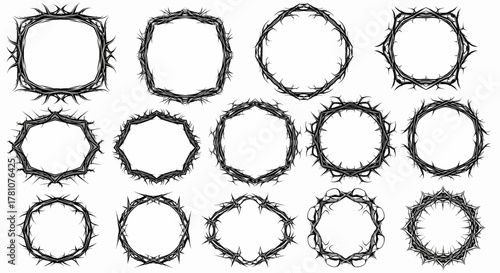 Set of gothic spiky circle frames and abstract thorny wreath border designs, a vector illustration