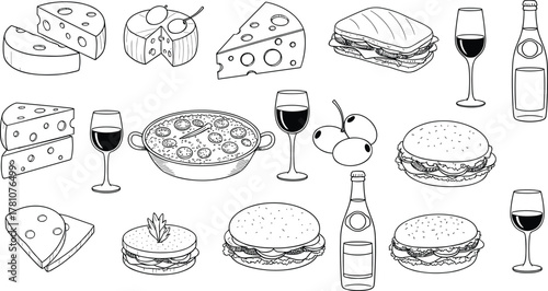 Cad drawing flat vector illustration, food icons pack, cheese, burgers, wine glasses, sandwiches, soup bowl, cherries, drink bottles