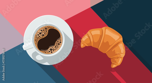 Cup of coffee and croissant breakfast on colorful flat lay surface
