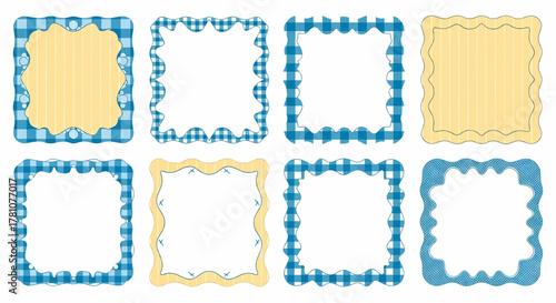 Set of eight decorative blue gingham checkered frames with wavy and scalloped edges, a vector illustration