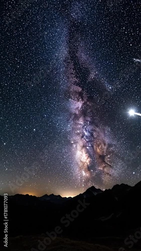Night sky view featuring stars milky way and a bright meteor