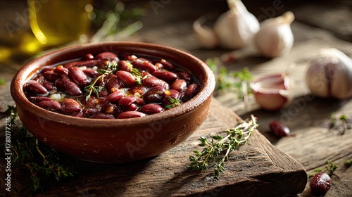 Hearty kidney beans simmered with herbs and garlic in rustic bowl, perfect for healthy meals