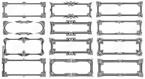 Elegant black and white ornamental frames with filigree corners and antique border designs, vector illustration