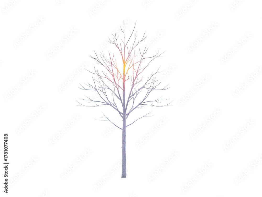 Fototapeta premium Bare tree with pastel gradient branches, isolated on transparent background, minimalistic style, evokes calm and serenity, suitable for digital art, nature themes, or seasonal design projects