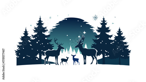 Deer family standing in a snowy pine forest under stars, calm Christmas night silhouette with peaceful nature feel
