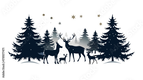 Deer family standing in a snowy pine forest under stars, calm Christmas night silhouette with peaceful nature feel