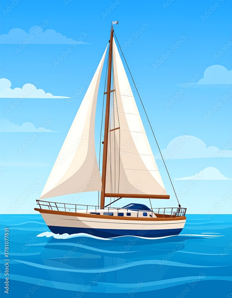 Fototapeta premium Animated sailboat sailing on blue ocean waters under a clear sky