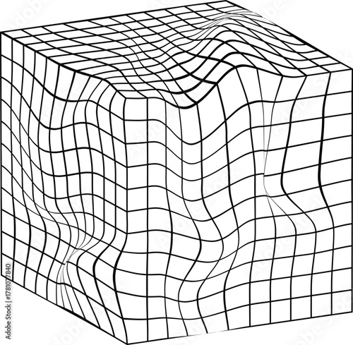 Abstract 3d wireframe cube with distorted grid pattern showing warped surface and dimensional deformation