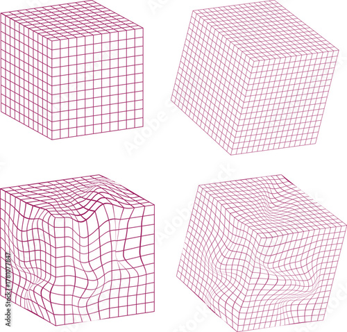 Four abstract 3d cubes showing grid deformation and distortion with pink lines on white background