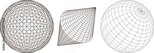 Three abstract geometric wireframe shapes including a sphere and a warped square on a white background